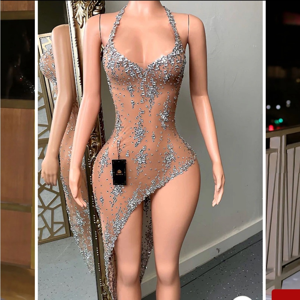 Stunning, Semi-sheer crystal Embellished Dress with Silver Detailing